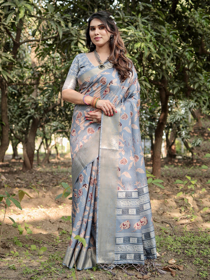 Gray Tussar Silk Saree with Floral Woven Motifs & Zari Border | Traditional Festive Wear – JaipurSaaj