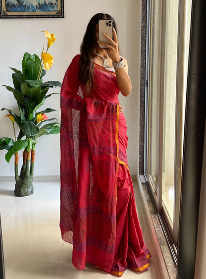 Red Muslin Cotton Silk Saree With Hand Block Print & Zari Border | Ethnic Wear – JaipurSaaj