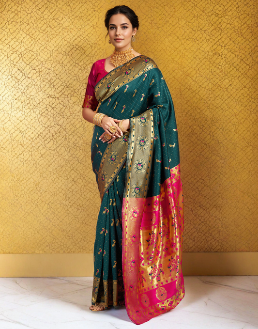 Traditional Morpeach Paithani Silk Saree With Zari Weaving Work