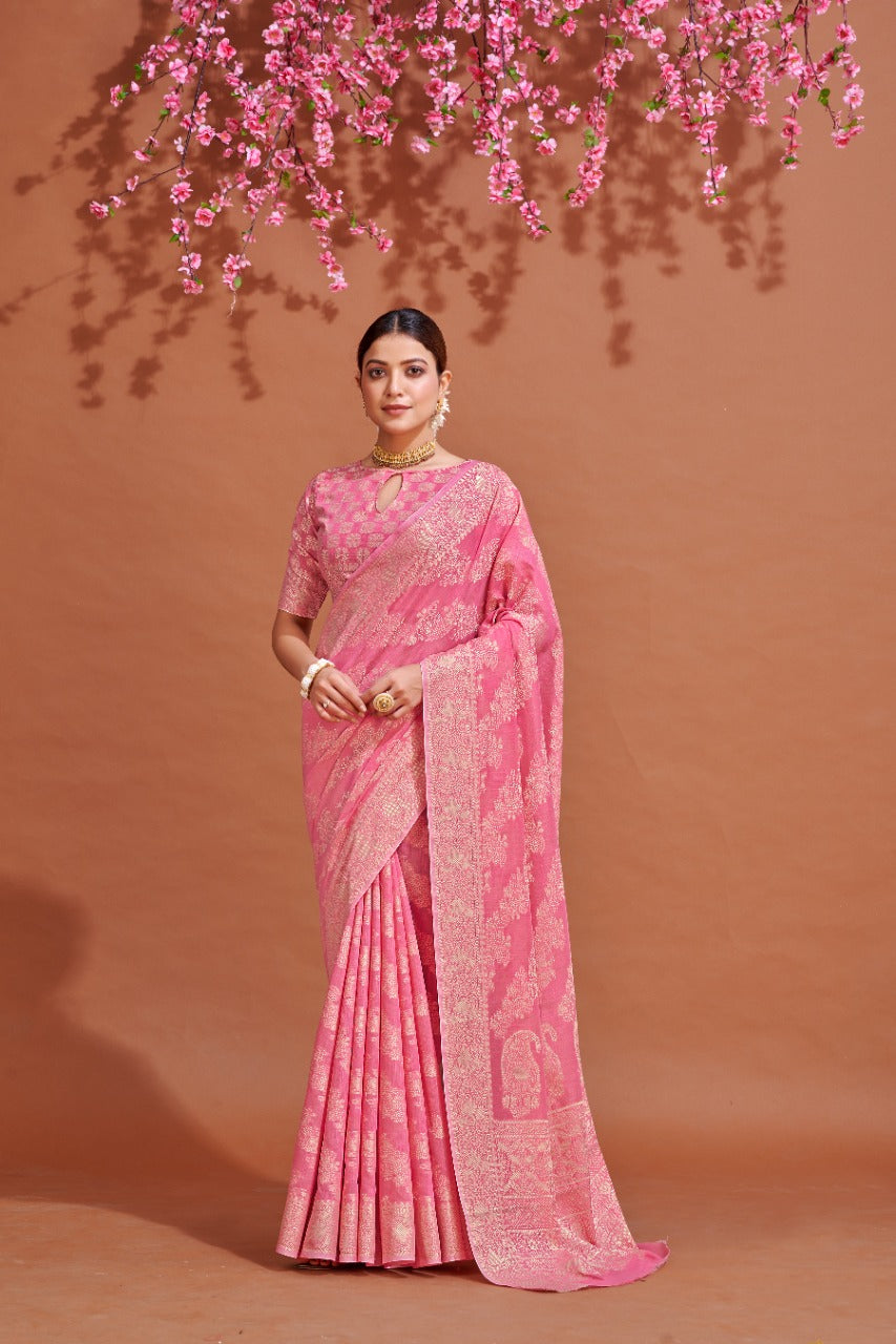Pink Soft Cotton Saree With Lucknowi Work