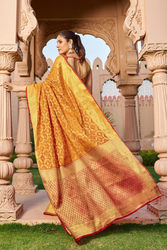 Mustard Yellow Patola Silk Saree With Woven Design | Bridal Wedding & Festive Wear – JaipurSaaj