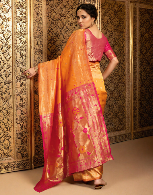 Traditional Orange Paithani Silk Saree With Zari Weaving Work
