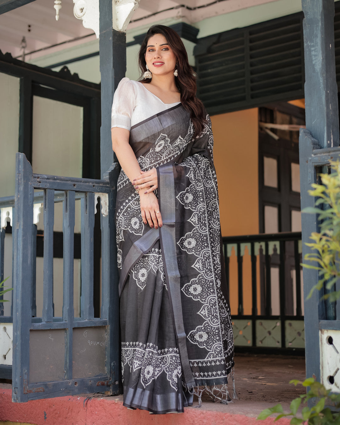 Black Summer Special Digital Printed Linen Cotton Saree