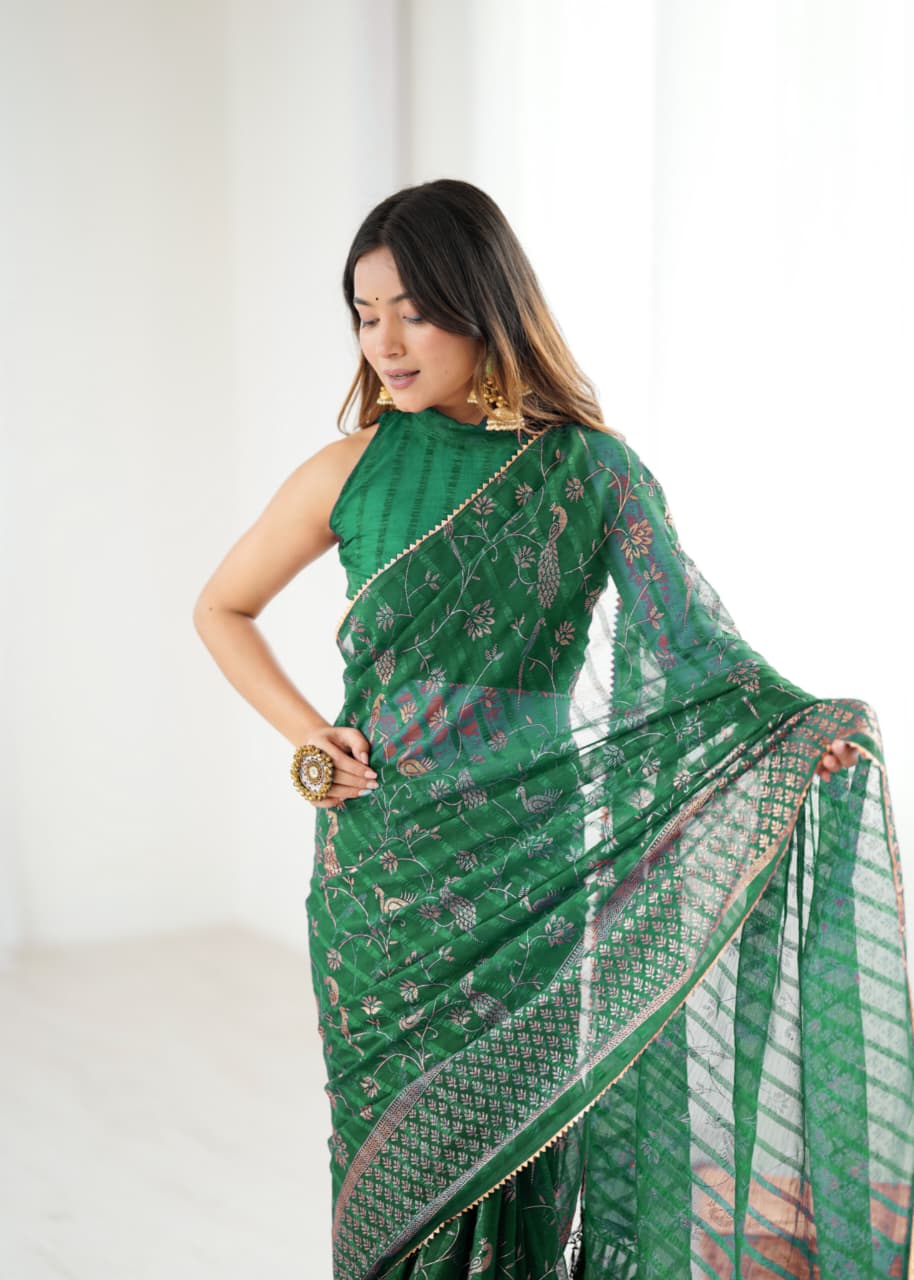 Dark Green Color Georgette Saree With Digital Printed Work And Lace Border