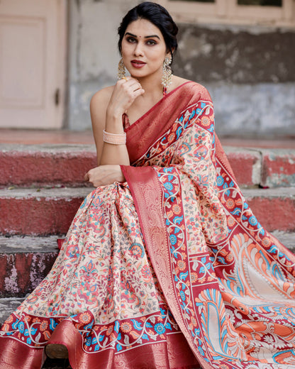 Multi Kalamakari Floral Printed Tussar Silk Saree With Zari Motif Border | Festive Ethnic Wear – JaipurSaaj