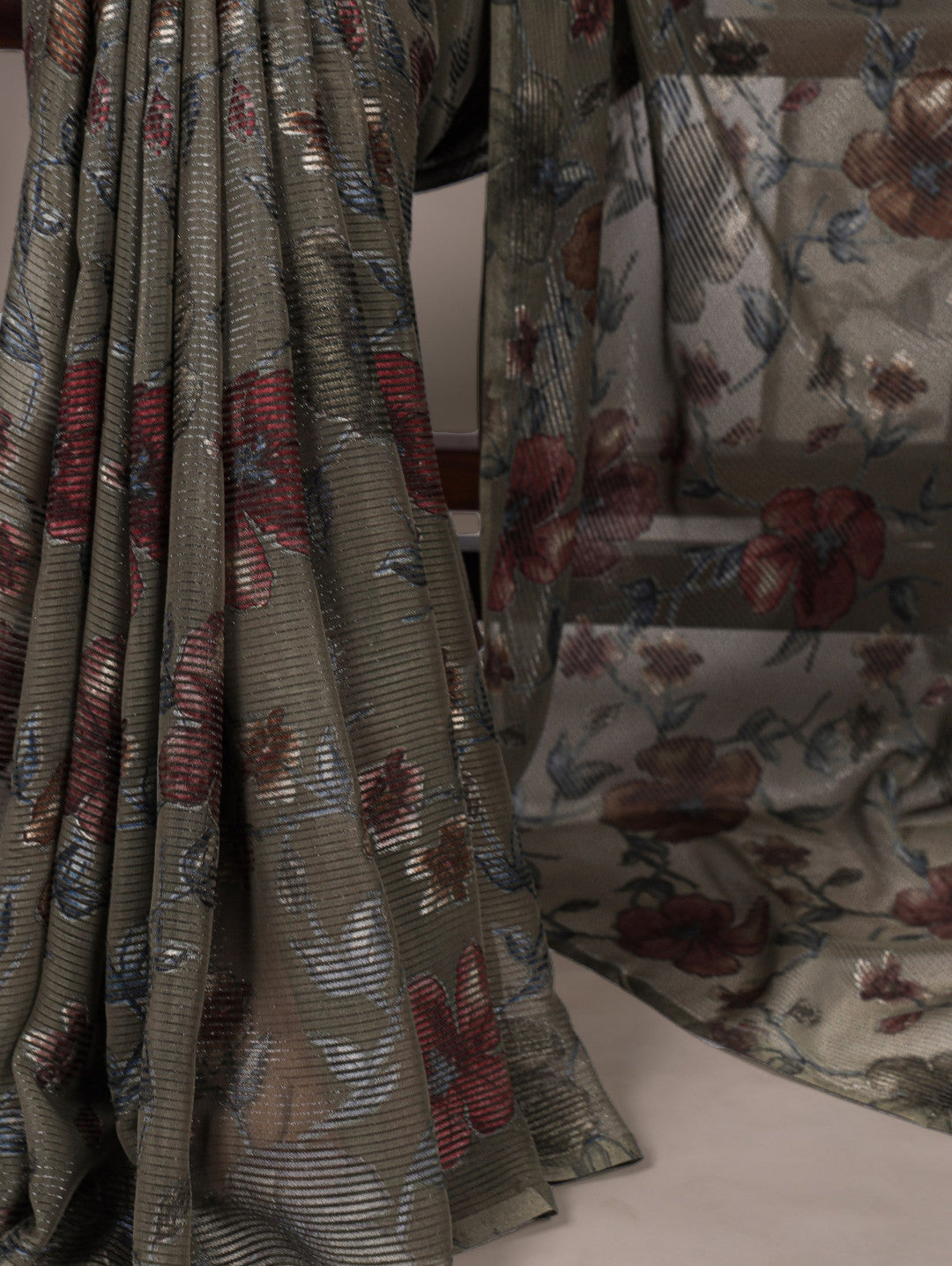 Gray Brasso Silk Saree With Floral Print & Zari Weaving | Party & Casual Wear – JaipurSaaj