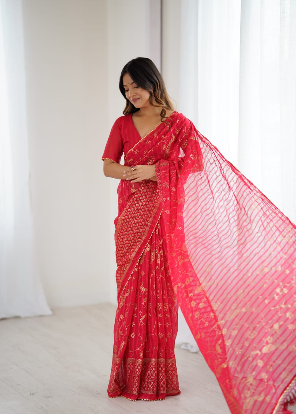Pink Color Georgette Saree With Digital Printed Work And Lace Border