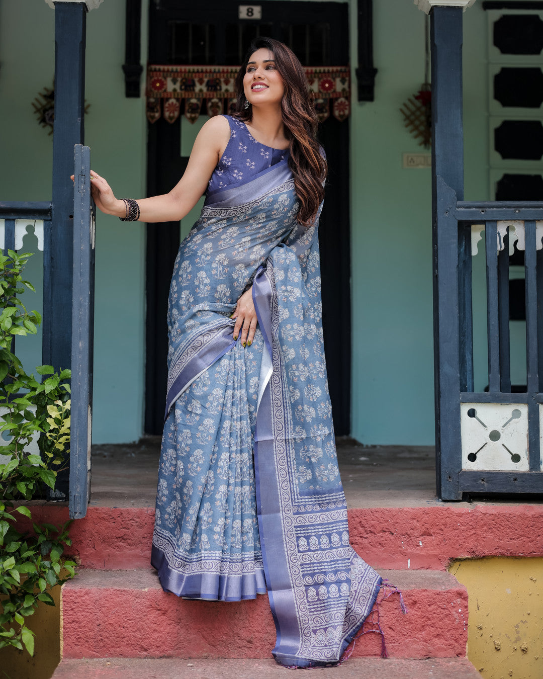 Light Blue Summer Special Digital Printed Linen Cotton Saree