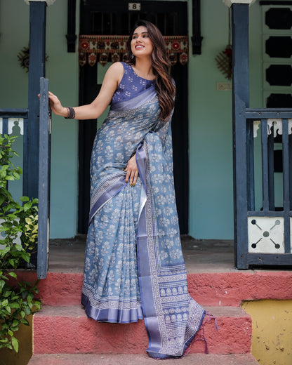 Light Blue Summer Special Digital Printed Linen Cotton Saree