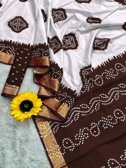 Brown Mulmul Cotton Saree With Bandhani Block Print & Zari Border | Ethnic Festive Wear – JaipurSaaj