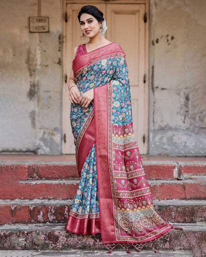 Multi Color Digital Printed Tussar Silk Saree With Zari Motif Border | Traditional Festive Ethnic Wear – JaipurSaaj