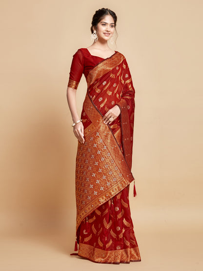 Red Soft Linen Silk Saree With Zari Weaving Work