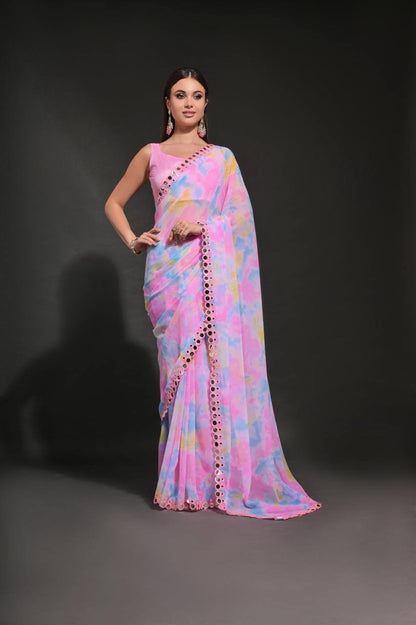 Baby Pink Chiffon Silk Saree with Prism Print & Foil Mirror Work Border | Designer Party Wear – JaipurSaaj