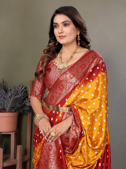 Orange & Maroon Bandhej Silk Saree With Zari Weaving Work | Festive Wedding Wear – JaipurSaaj