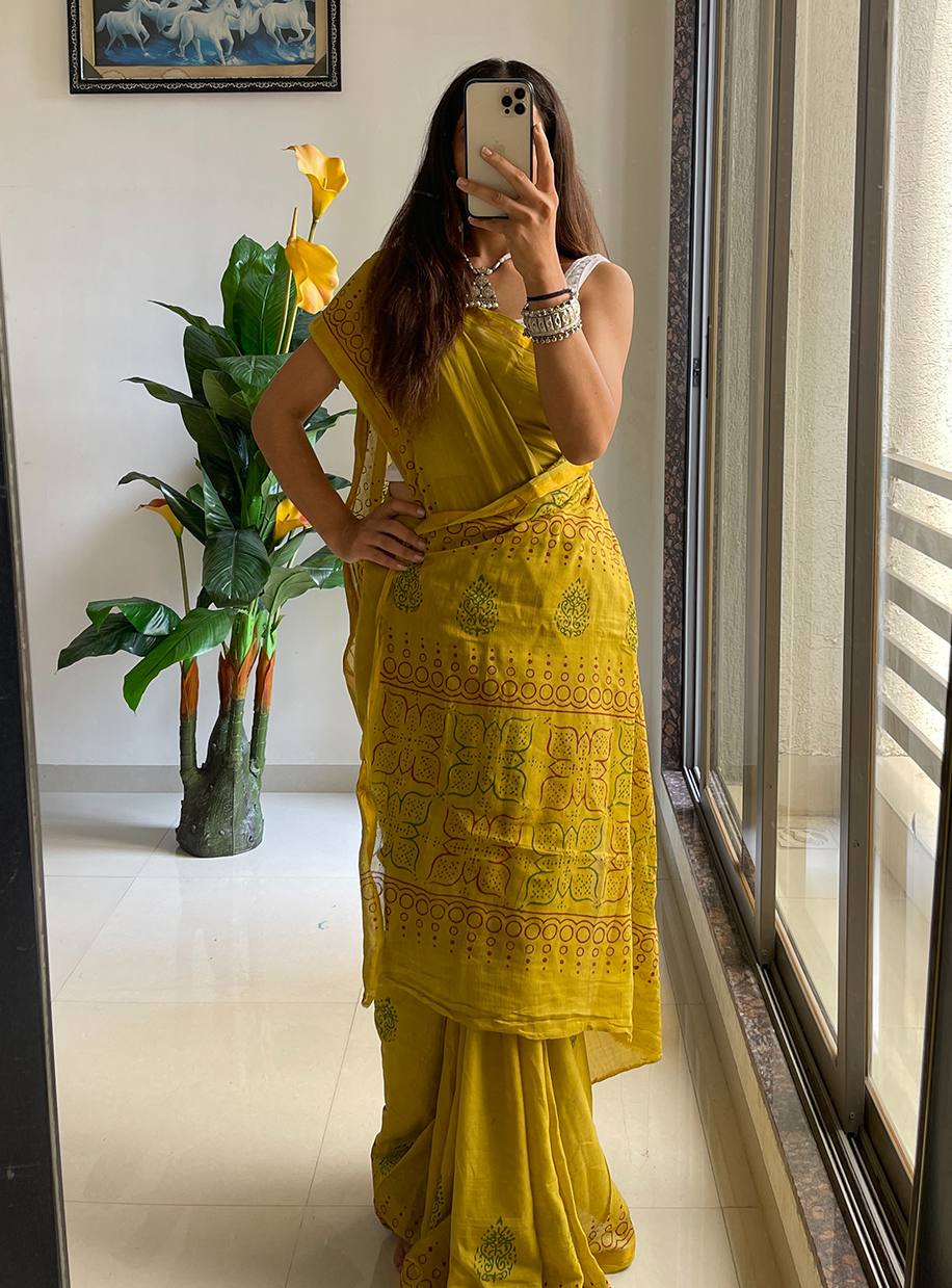 Mustard Yellow Muslin Cotton Silk Saree With Hand Block Print & Zari Border | Ethnic Wear – JaipurSaaj