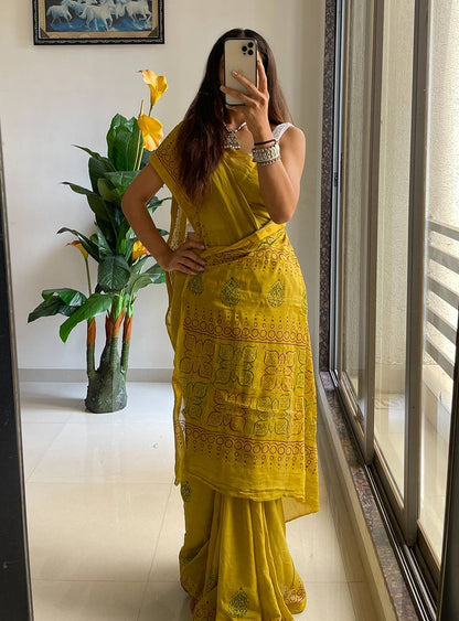 Mustard Yellow Muslin Cotton Silk Saree With Hand Block Print & Zari Border | Ethnic Wear – JaipurSaaj