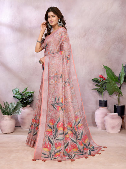Peach Linen Cotton Saree With Digital Printed Work And Silver Zari Border