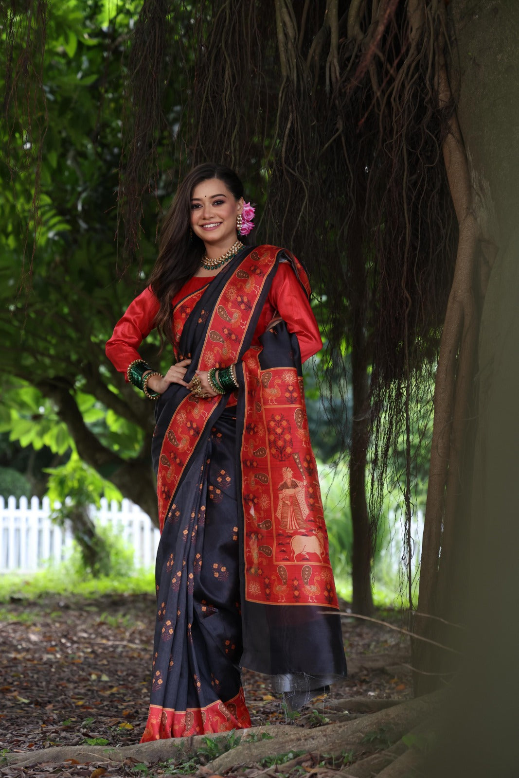 Black Peacock Printed Tussar Silk Saree | Traditional Festive Ethnic Wear – JaipurSaaj