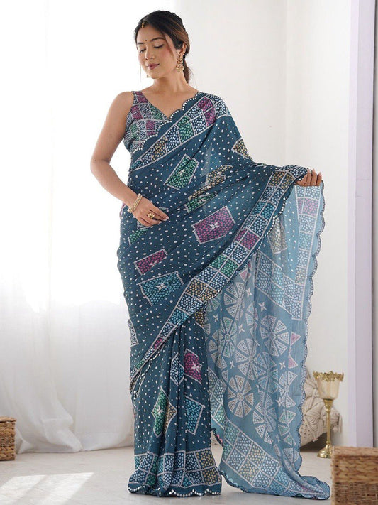 Blue Georgette Saree With Printed And Mirror Work With Arco Border