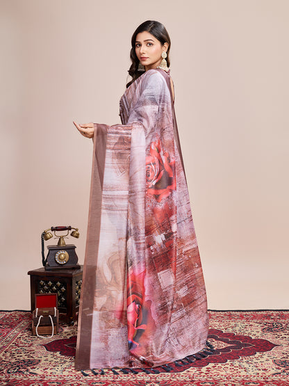 Brown Soft Linen Cotton Saree With Floral Printed Work