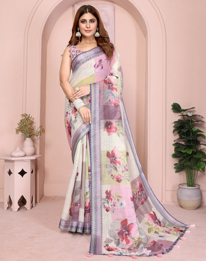 Multi Linen Cotton Saree With Digital Printed Work And Silver Zari Border