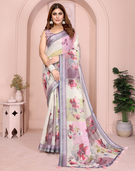 Multi Linen Cotton Saree With Digital Printed Work And Silver Zari Border