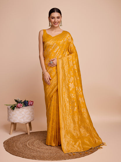 Golden & Copper Zari Weaving With Yellow Soft Silk Banarasi Saree | Party & Wedding Wear - JaipurSaaj
