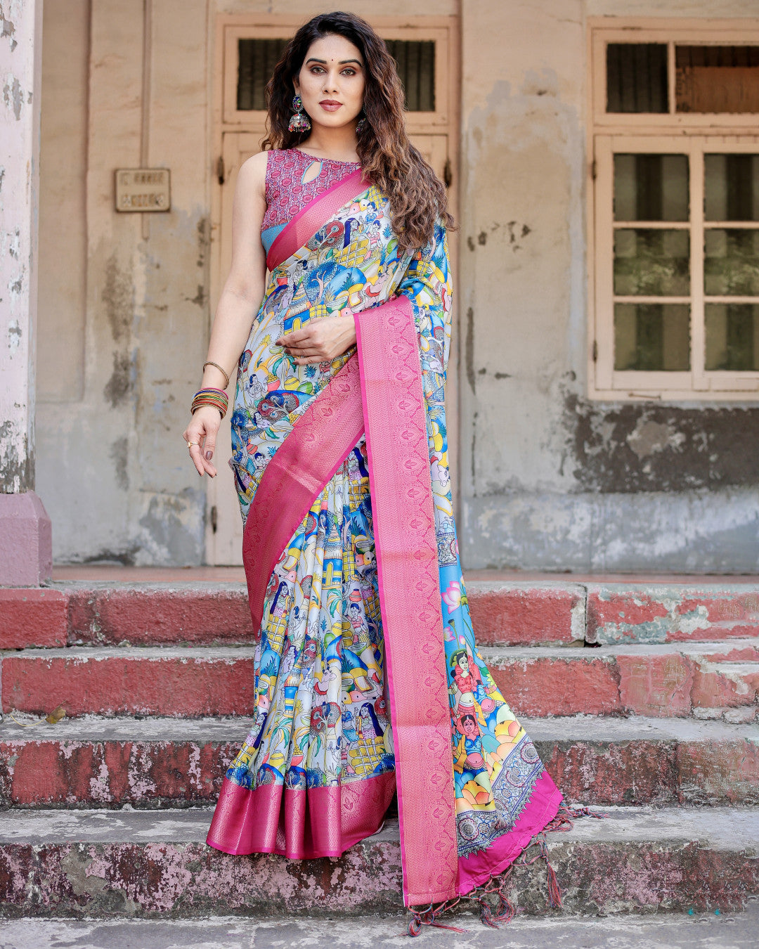 Multi Color Kalamkari Digital Printed Tussar Silk Saree | Designer Festive Ethnic Wear – JaipurSaaj