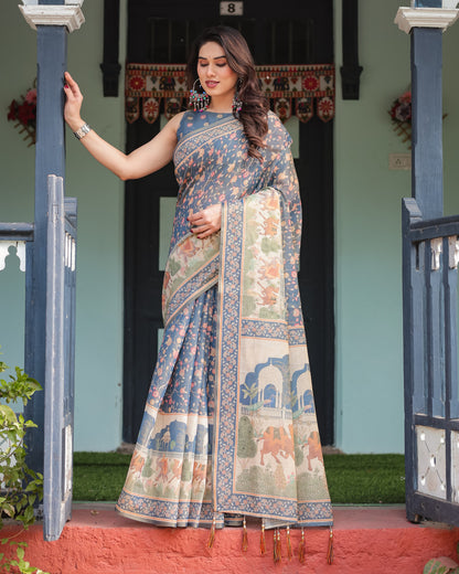 Blue Soft Linen Cotton Saree with Kalamkari Printed Work | Summer Casual & Ethnic Wear – JaipurSaaj