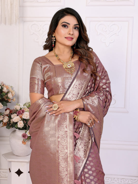 Coffee Organza Silk Banarasi Saree With Zari Weaving Work