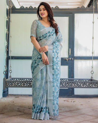 Sky Blue Summer Special Digital Printed Linen Cotton Saree