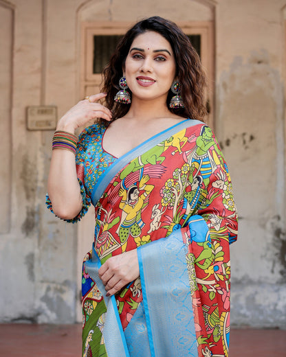 Multi Color Kalamkari Digital Printed Tussar Silk Saree | Designer Festive Ethnic Wear – JaipurSaaj