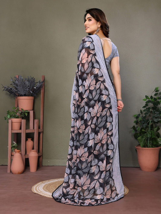 Gray Soft Chiffon Saree With Printed Work And Lace Border