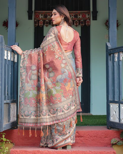 Blue Kalamkari Printed Linen Cotton Saree | Summer Casual & Ethnic Wear – JaipurSaaj