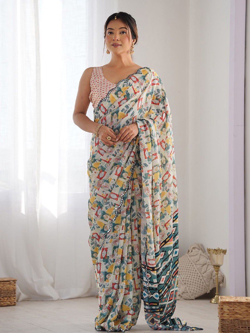 White Georgette Saree With Printed And Mirror Work With Arco Border