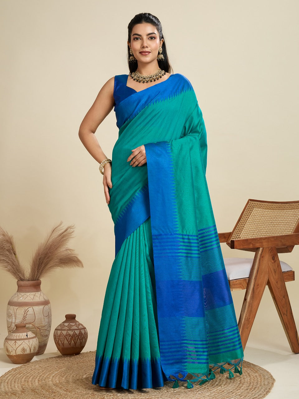 Rama Green Color Khadi Raw Silk Saree With Zari Lining Pallu With Tample Border