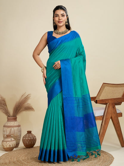 Rama Green Color Khadi Raw Silk Saree With Zari Lining Pallu With Tample Border