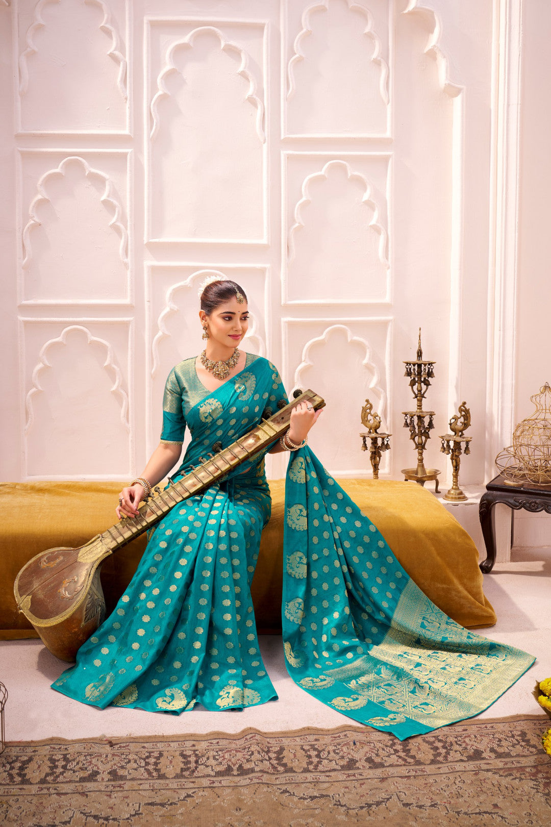 Rama Green Soft Roop Silk Saree With Printed Work & Zari Weaving Border | Traditional Festive Wear – JaipurSaaj