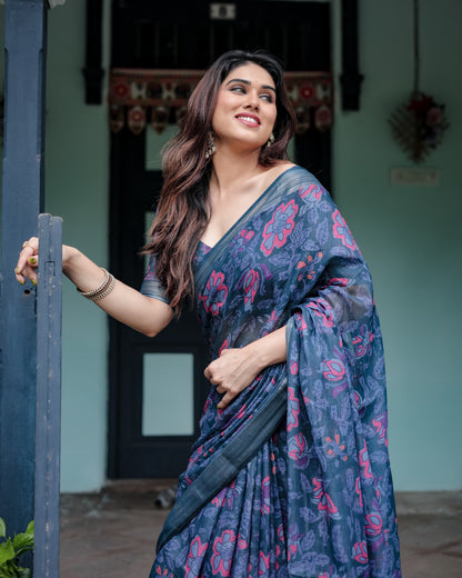 Navy Blue Floral Digital Printed Linen Cotton Saree | Office & Casual Ethnic Wear – JaipurSaaj