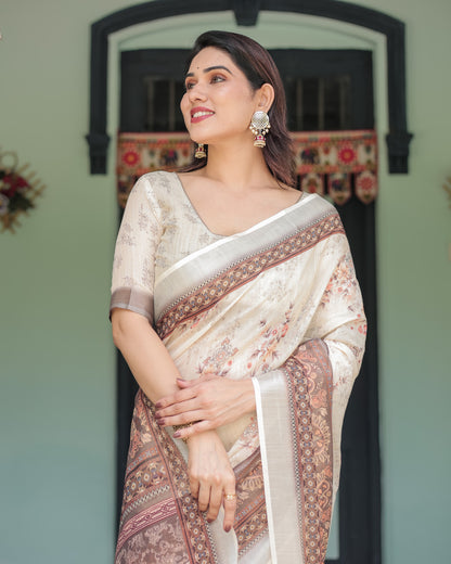 Off White Soft Linen Cotton Saree With Digital Printed Work