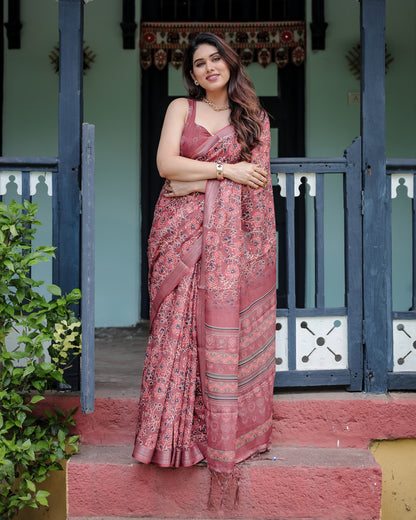Red Floral Digital Printed Linen Cotton Saree