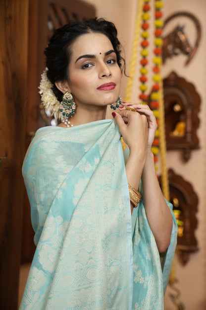 Sea Green Soft Cotton Saree With Lucknowi Work