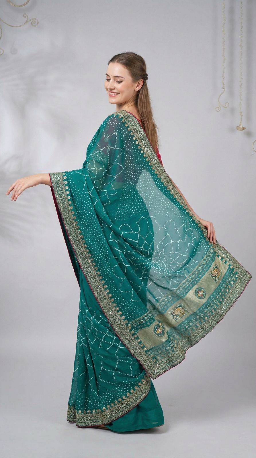 Firoji Vichitra Silk Saree With Khadi Bandhej Heavy Pallu & Zari Border | Wedding & Festive Wear – JaipurSaaj