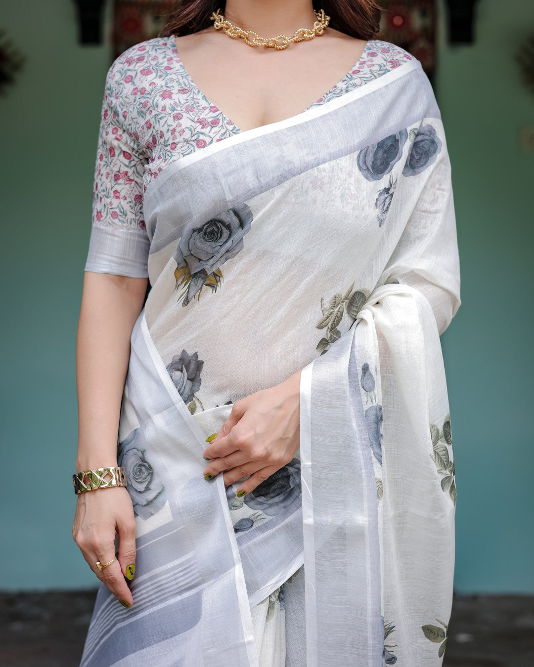 White Digital Printed Linen Cotton Saree | Summer Special Casual & Ethnic Wear – JaipurSaaj