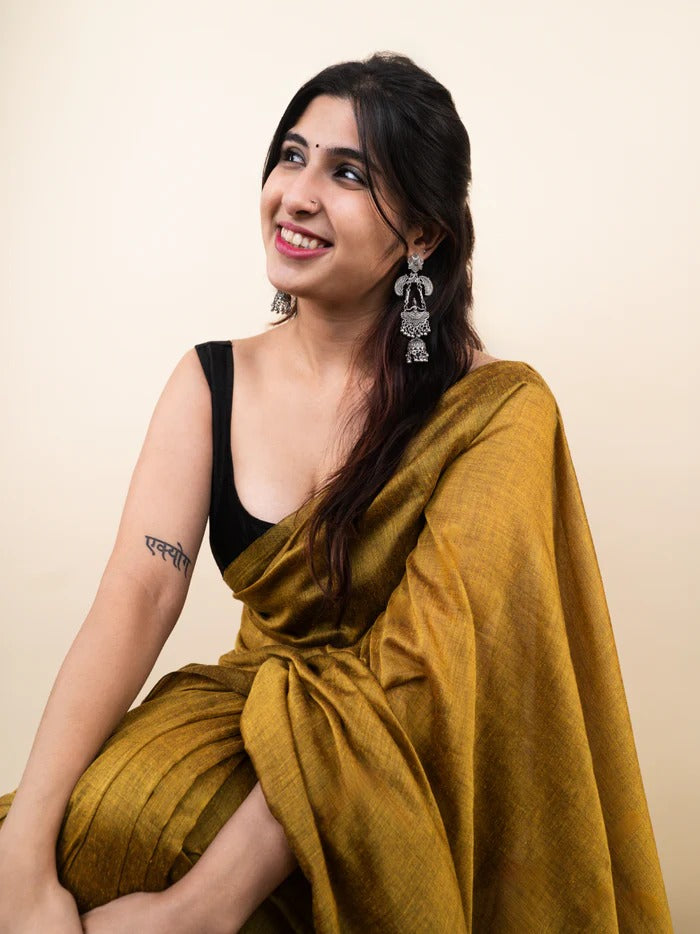 Mustard Yellow Plain Khadi Cotton Saree With Fancy Tassel Work | Handloom Office Wear – JaipurSaaj