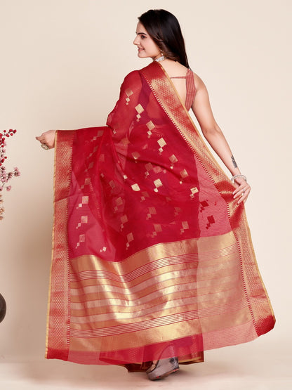 Red Color Kota Doriya Saree With Zari Weaving Work
