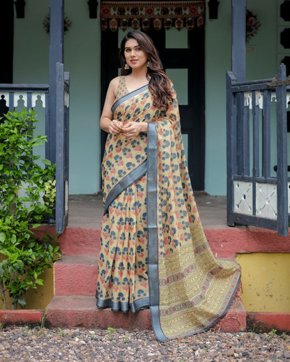 Multi Floral Digital Printed Linen Cotton Saree