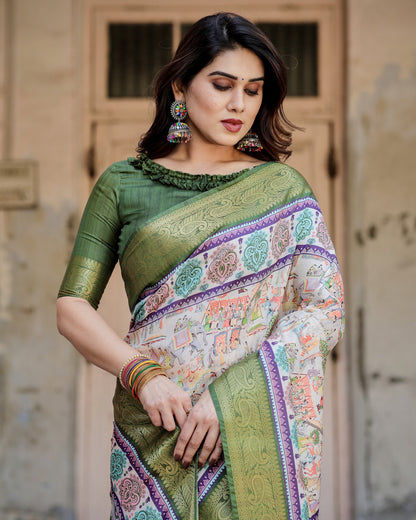 Multi Kalamakari Floral Printed Tussar Silk Saree With Zari Motif Border | Festive Ethnic Wear – JaipurSaaj