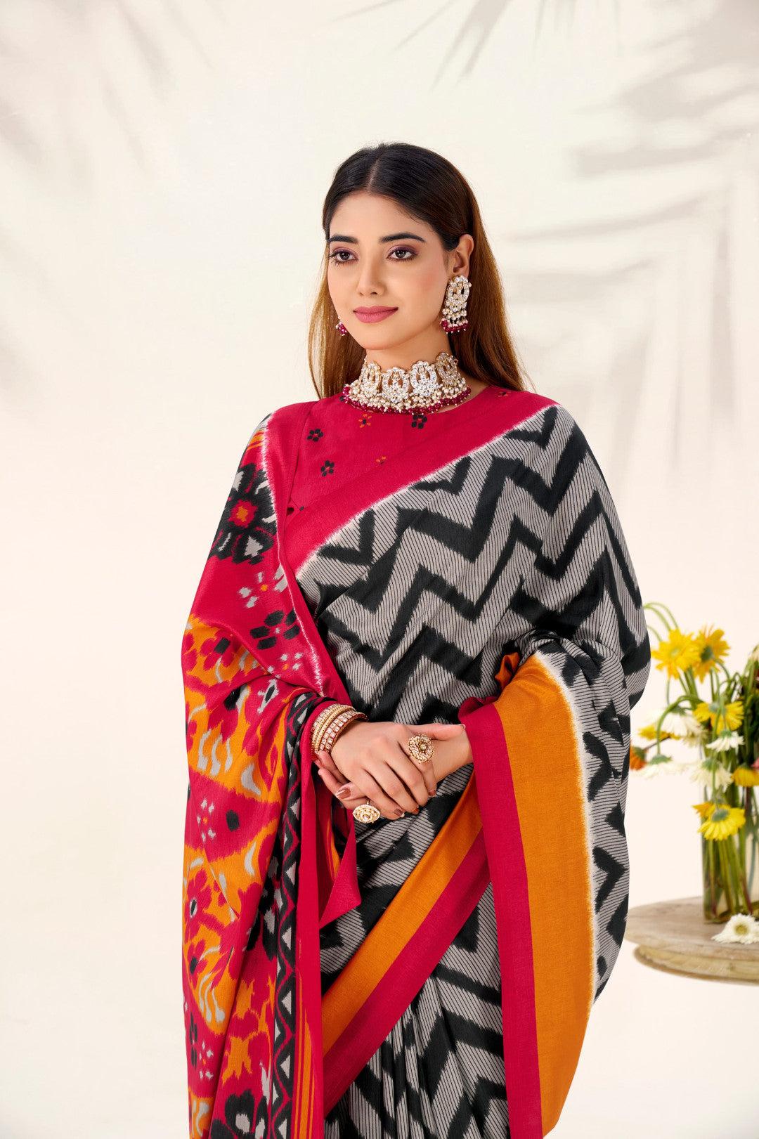 Multi Color Soft Tussar Silk Saree With Printed Work & Lace Border | Festive Ethnic Wear – JaipurSaaj