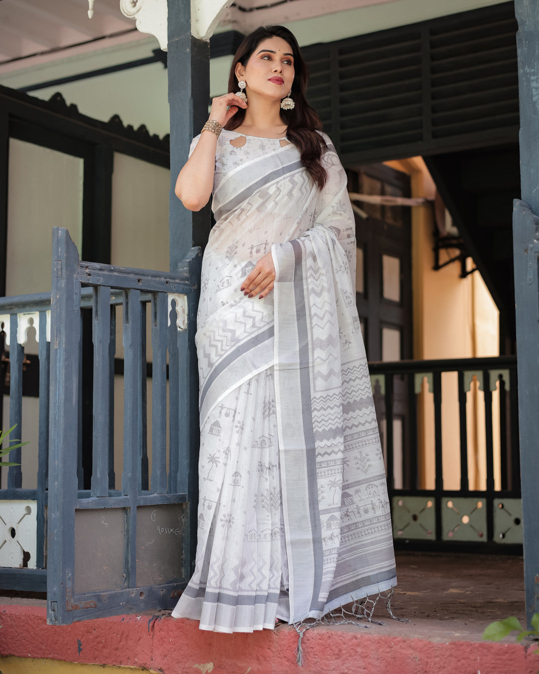 White Summer Special Digital Printed Linen Cotton Saree